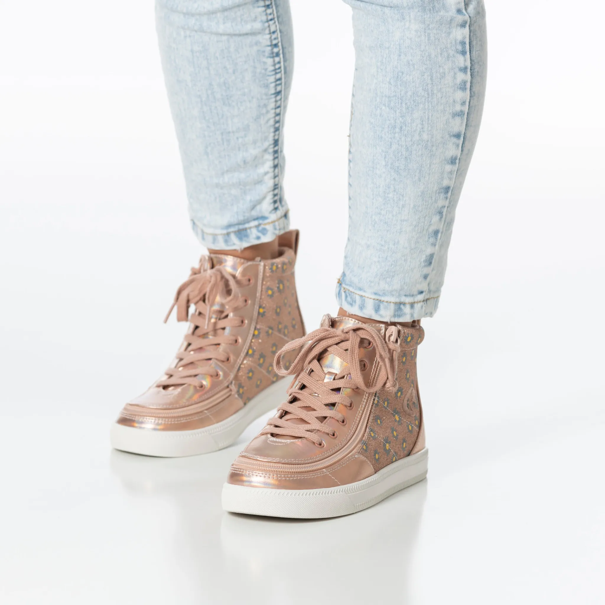 Billy Footwear (Kids) - High Top Rose Gold Daisy Faux Leather Shoes Clearance