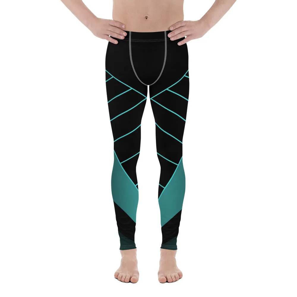 Black Blue Abstract Meggings, Best Designer Men's Leggings Designer Running Compression Tights For Men - Made in USA/EU/MX