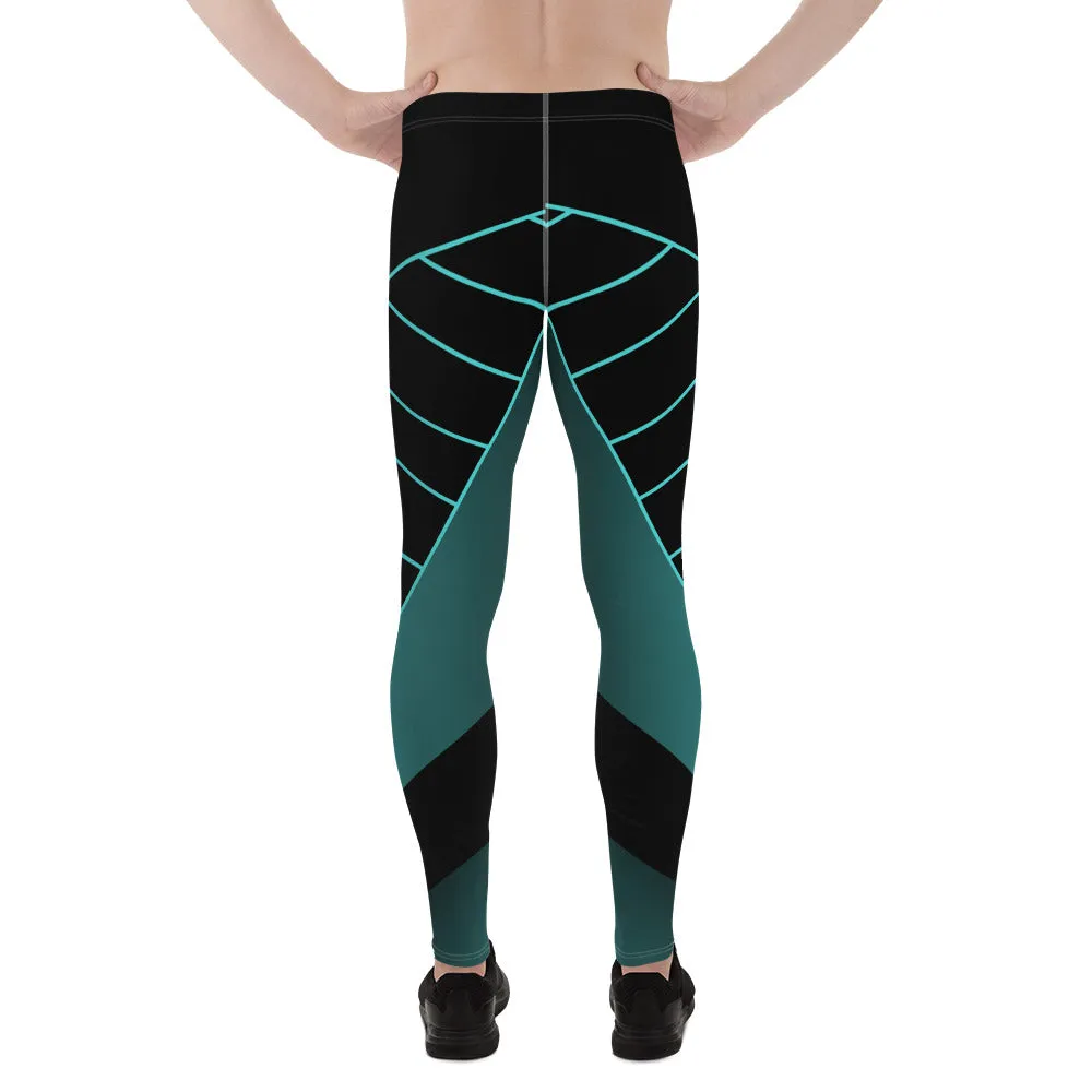 Black Blue Abstract Meggings, Best Designer Men's Leggings Designer Running Compression Tights For Men - Made in USA/EU/MX