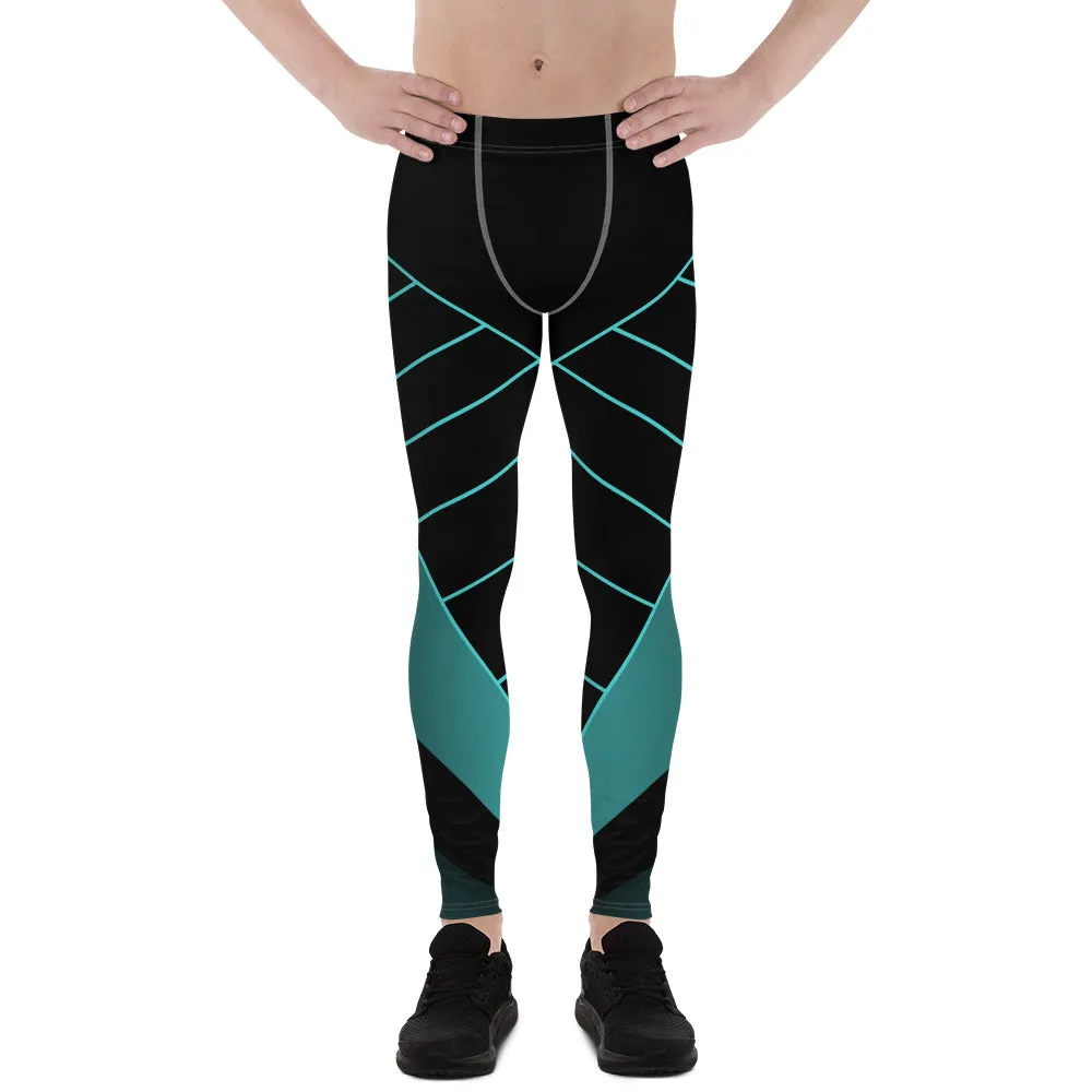 Black Blue Abstract Meggings, Best Designer Men's Leggings Designer Running Compression Tights For Men - Made in USA/EU/MX