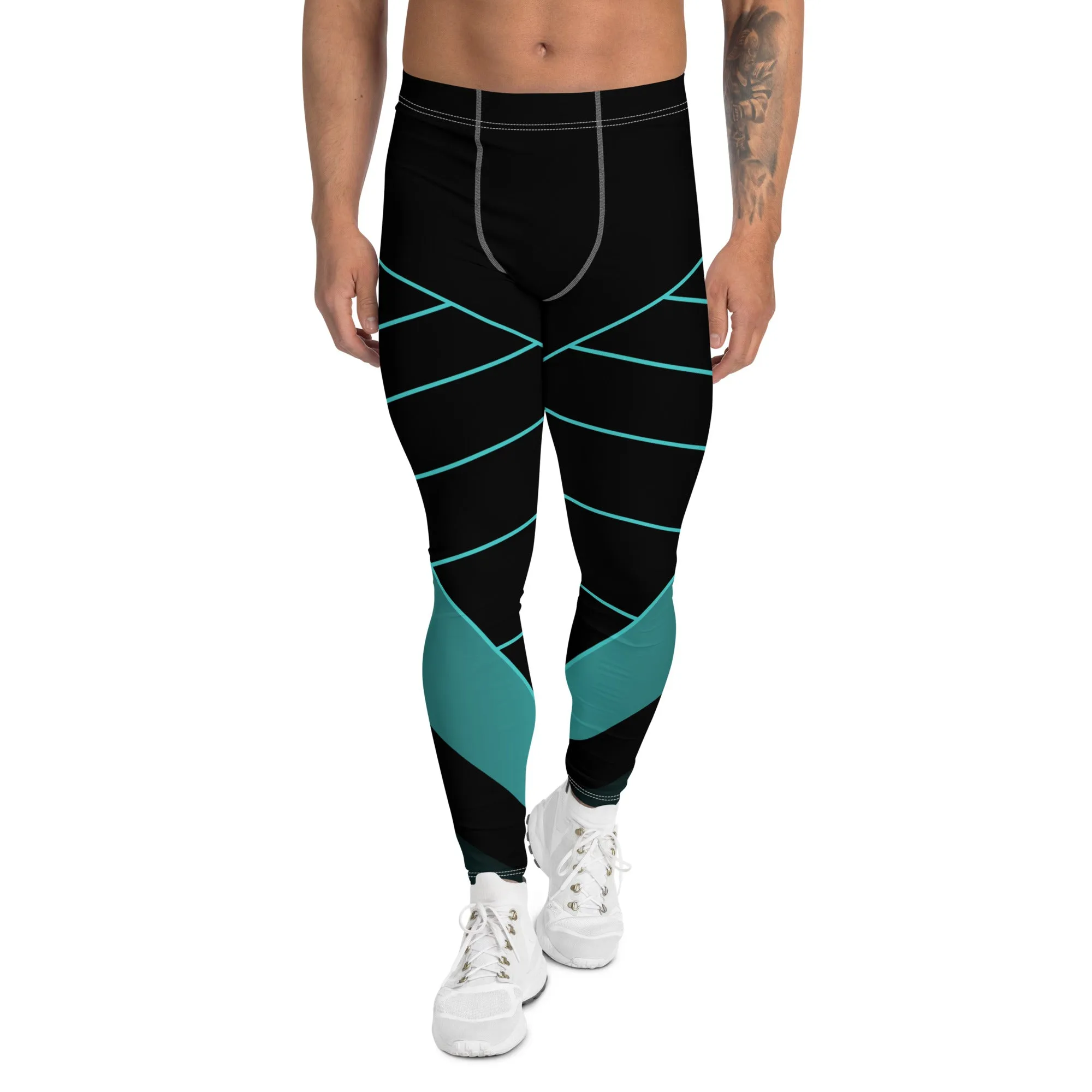 Black Blue Abstract Meggings, Best Designer Men's Leggings Designer Running Compression Tights For Men - Made in USA/EU/MX