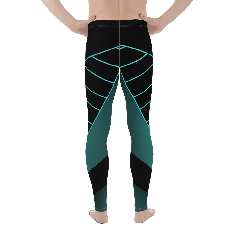 Black Blue Abstract Meggings, Best Designer Men's Leggings Designer Running Compression Tights For Men - Made in USA/EU/MX