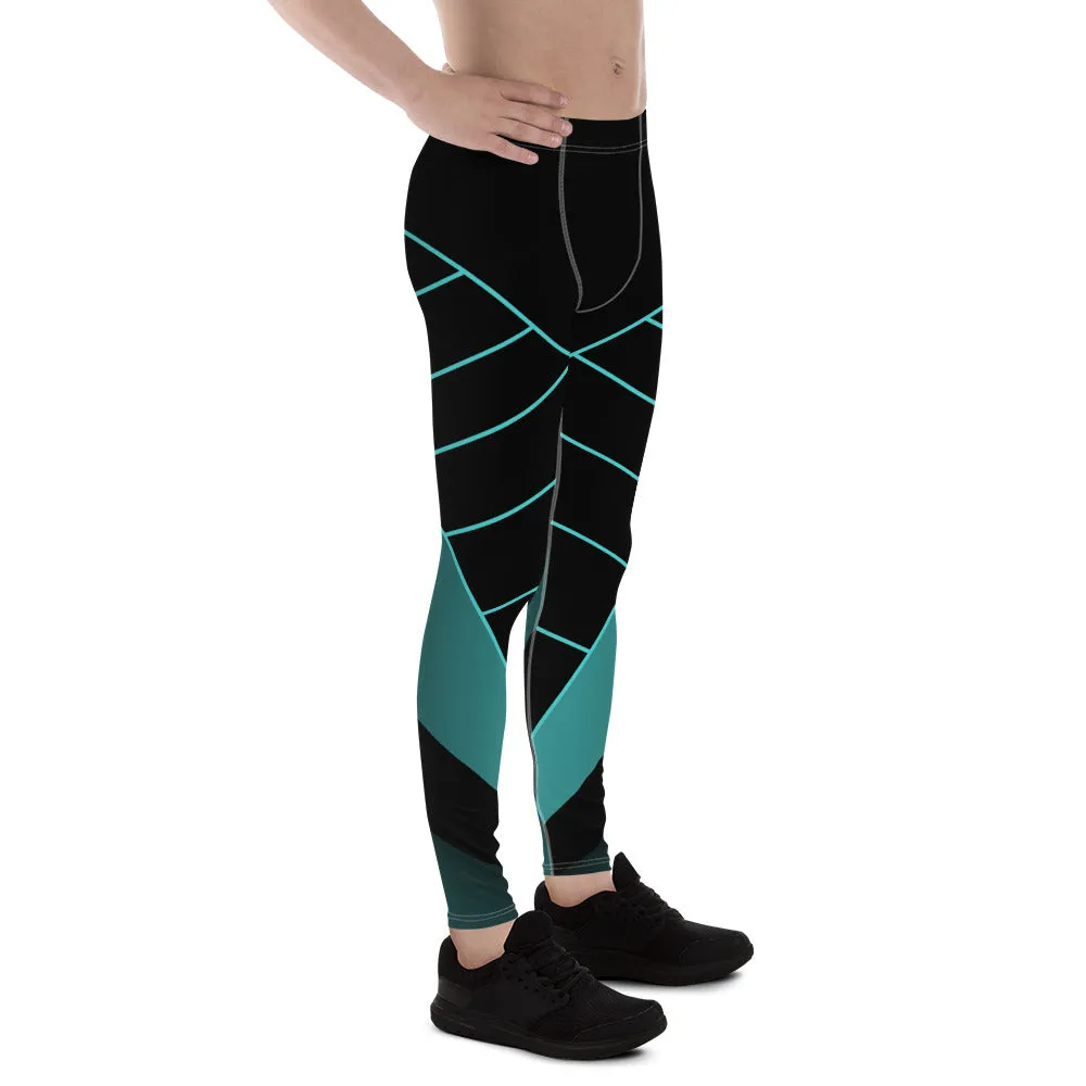 Black Blue Abstract Meggings, Best Designer Men's Leggings Designer Running Compression Tights For Men - Made in USA/EU/MX