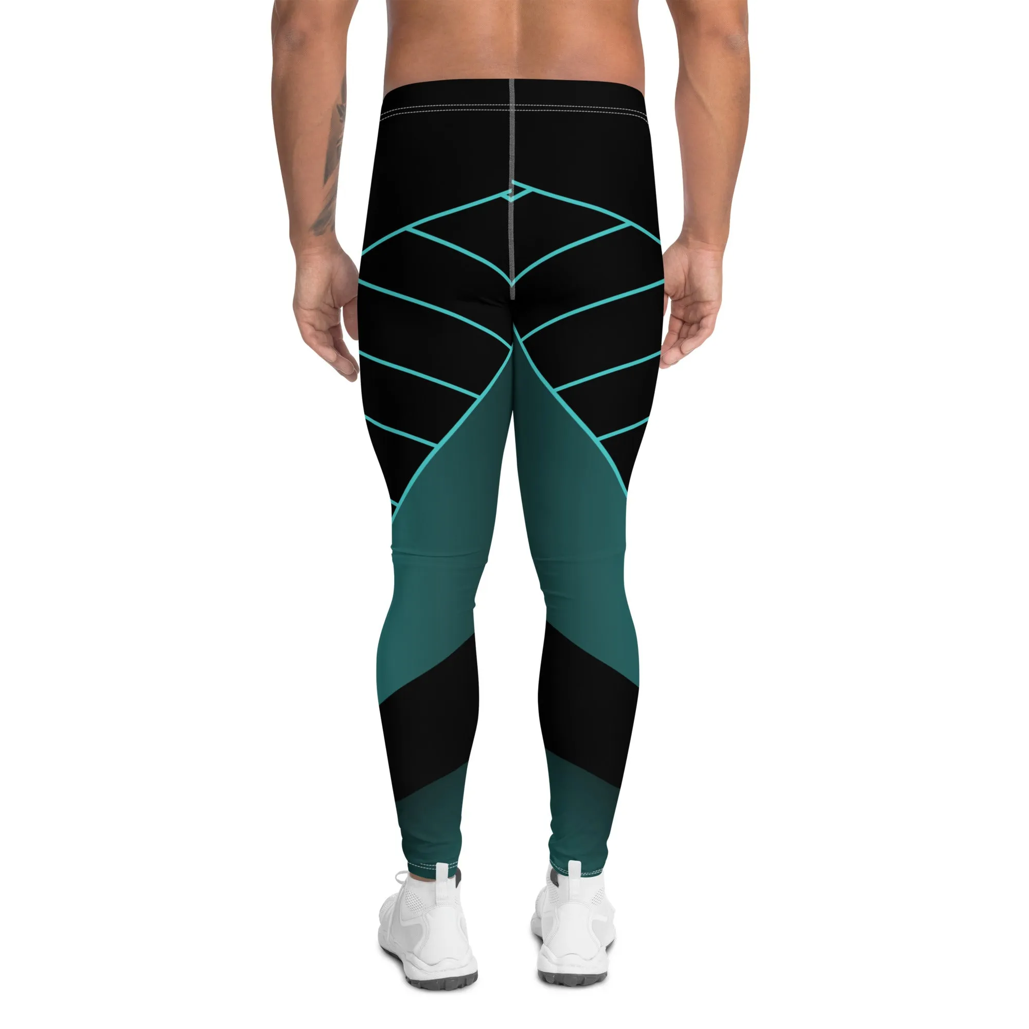 Black Blue Abstract Meggings, Best Designer Men's Leggings Designer Running Compression Tights For Men - Made in USA/EU/MX