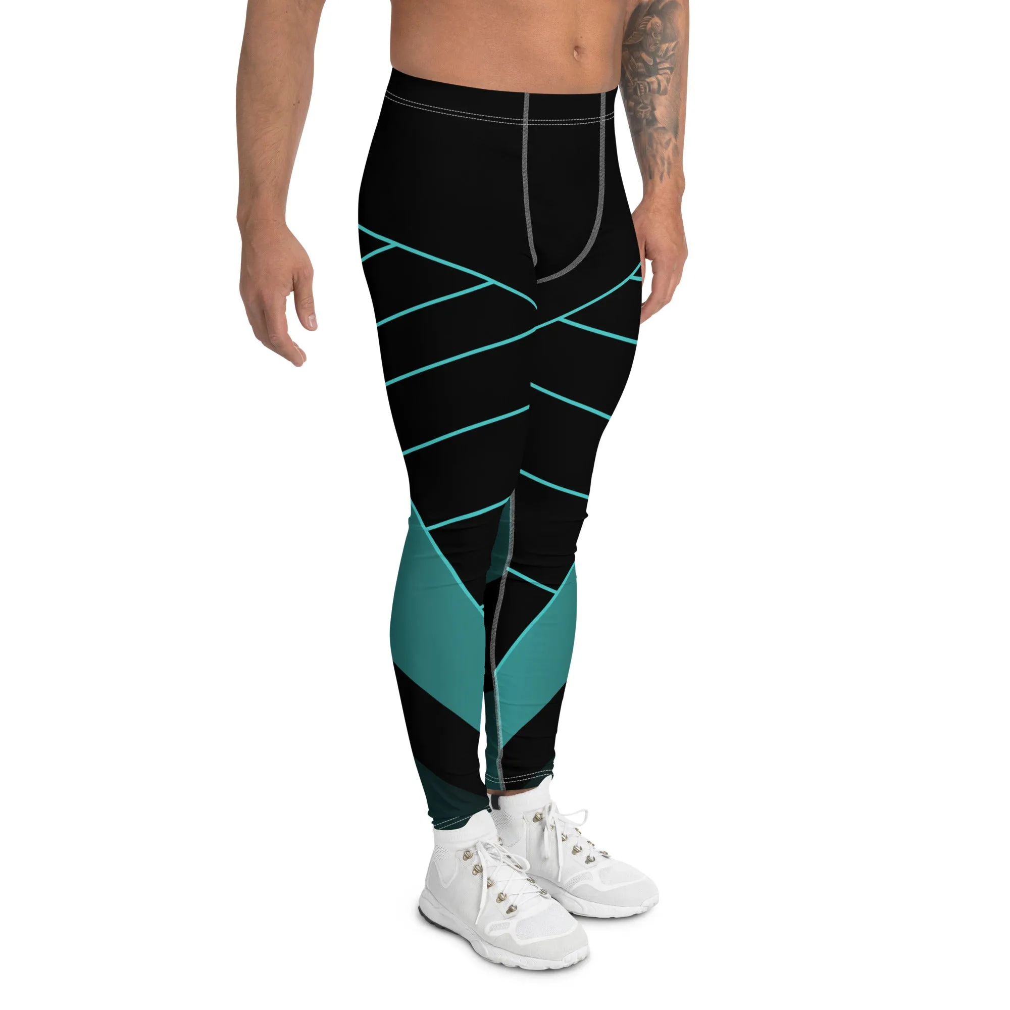 Black Blue Abstract Meggings, Best Designer Men's Leggings Designer Running Compression Tights For Men - Made in USA/EU/MX