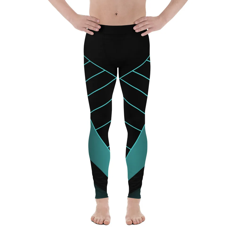 Black Blue Abstract Meggings, Futuristic Men's Leggings, Designer Running Compression Tights For Men - Made in USA/EU/MX