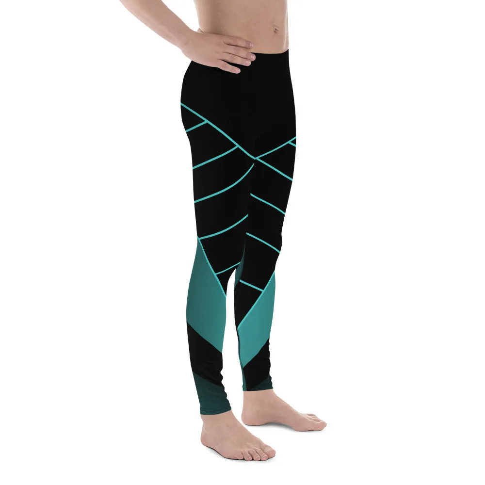Black Blue Abstract Meggings, Futuristic Men's Leggings, Designer Running Compression Tights For Men - Made in USA/EU/MX