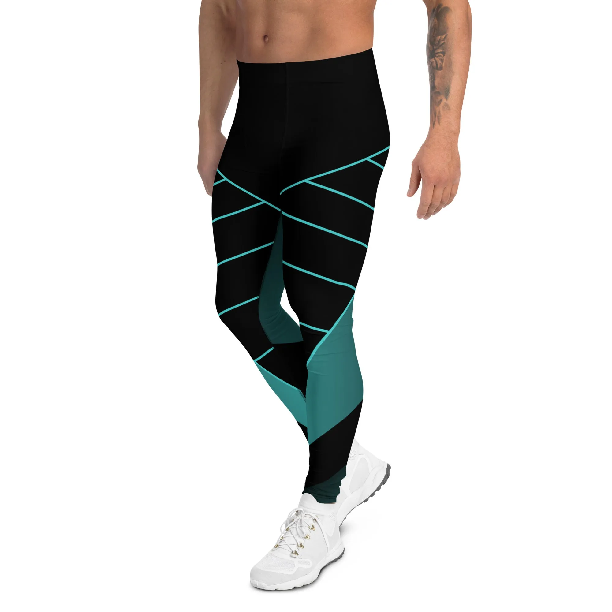 Black Blue Abstract Meggings, Futuristic Men's Leggings, Designer Running Compression Tights For Men - Made in USA/EU/MX