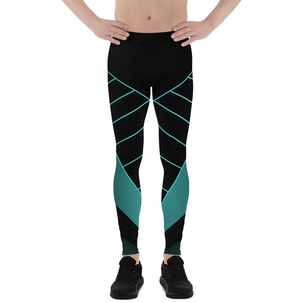 Black Blue Abstract Meggings, Futuristic Men's Leggings, Designer Running Compression Tights For Men - Made in USA/EU/MX