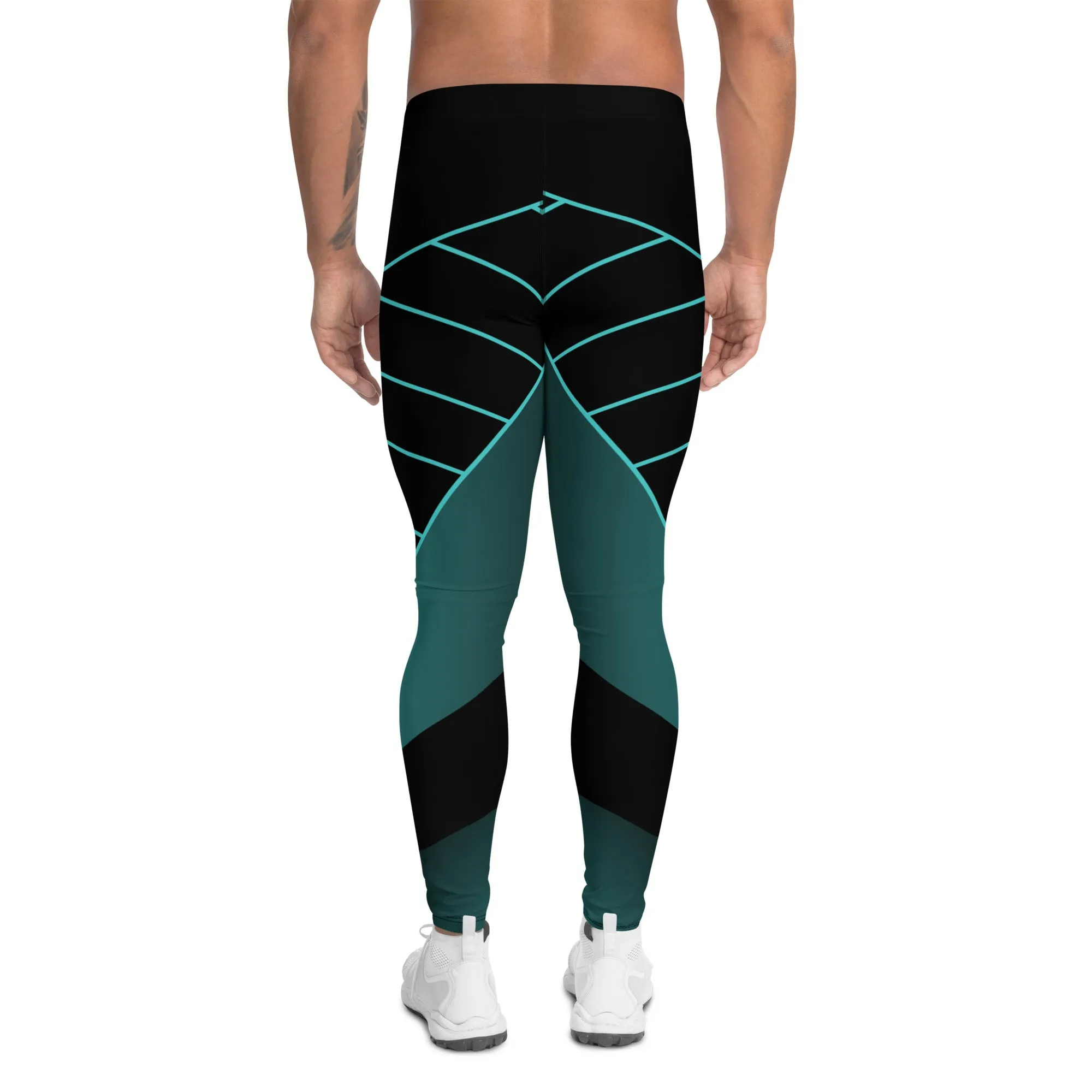 Black Blue Abstract Meggings, Futuristic Men's Leggings, Designer Running Compression Tights For Men - Made in USA/EU/MX