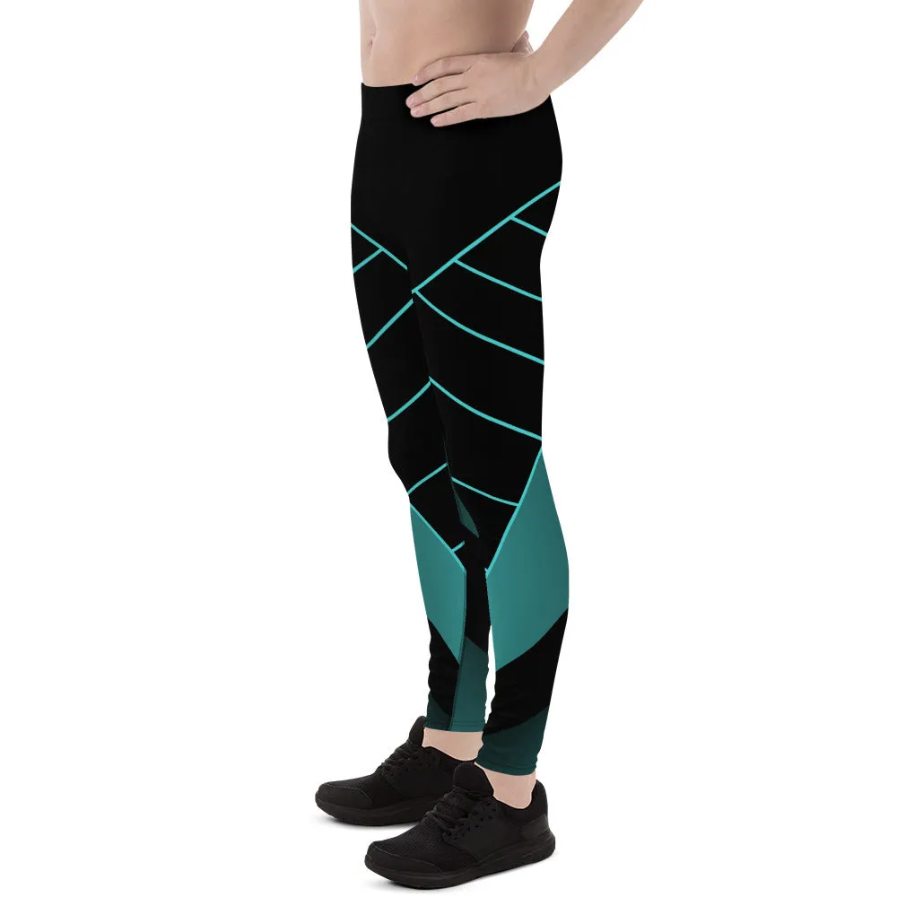 Black Blue Abstract Meggings, Futuristic Men's Leggings, Designer Running Compression Tights For Men - Made in USA/EU/MX