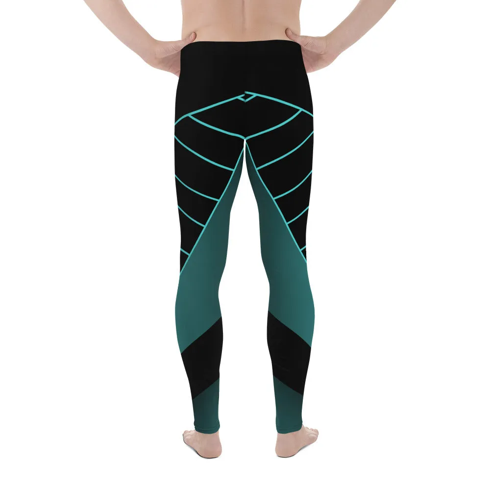 Black Blue Abstract Meggings, Futuristic Men's Leggings, Designer Running Compression Tights For Men - Made in USA/EU/MX