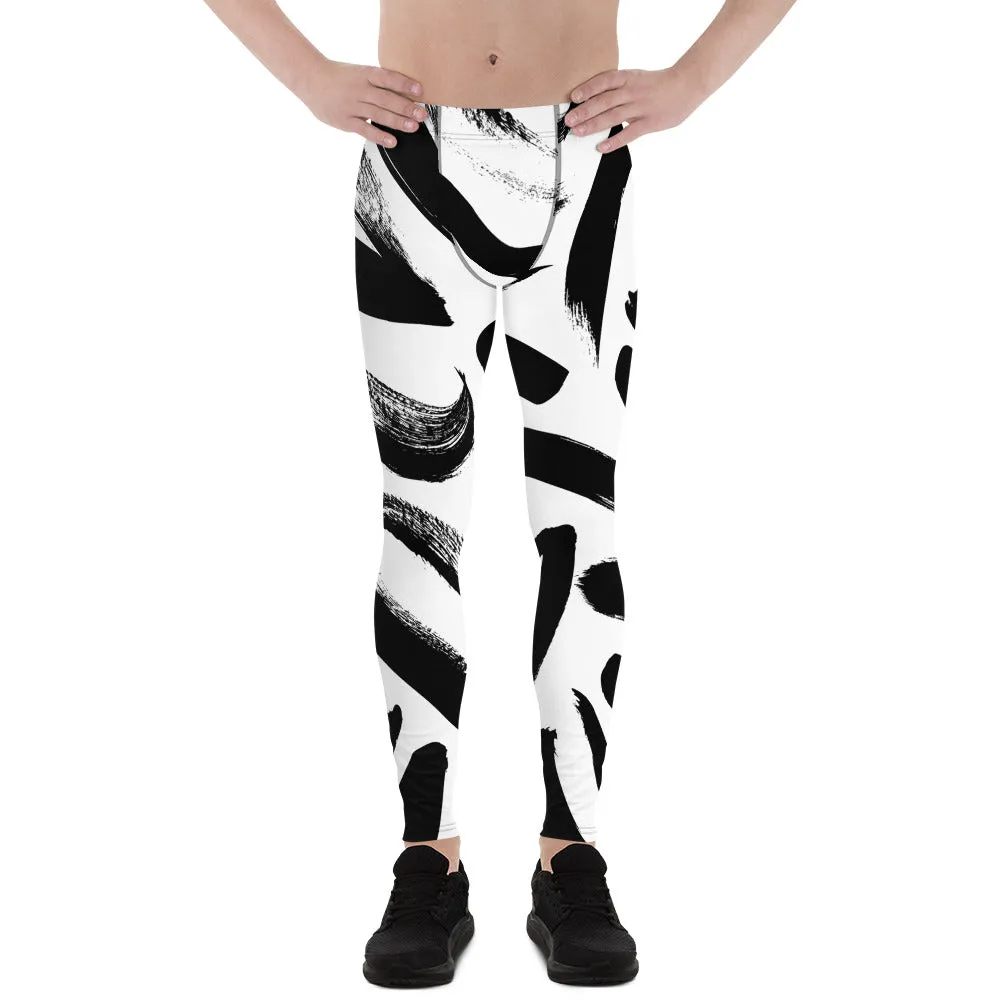 Black White Abstract Meggings, Best Men's Leggings, Designer Running Compression Tights For Men - Made in USA/EU/MX