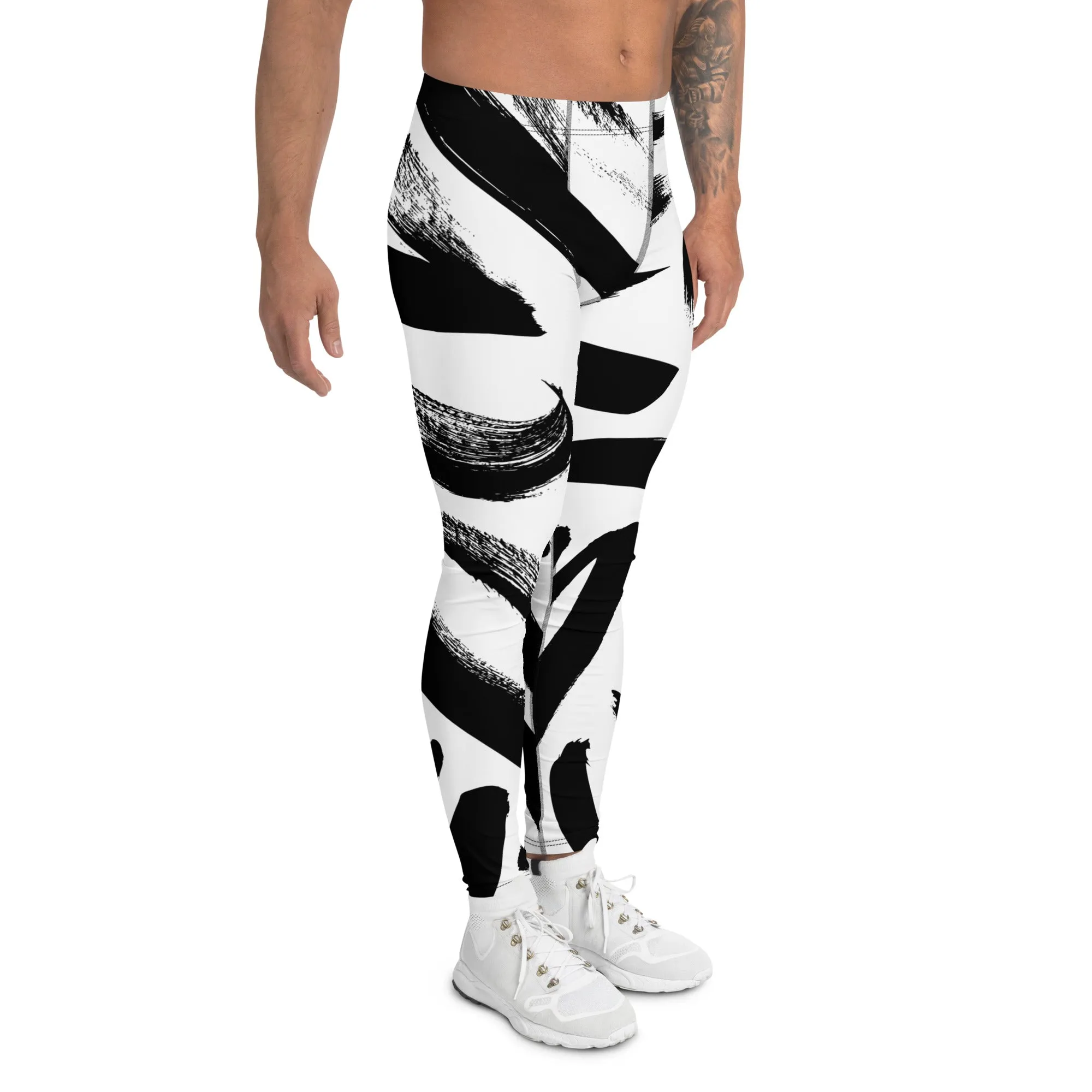 Black White Abstract Meggings, Best Men's Leggings, Designer Running Compression Tights For Men - Made in USA/EU/MX