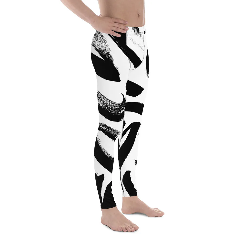 Black White Abstract Meggings, Best Men's Leggings, Designer Running Compression Tights For Men - Made in USA/EU/MX