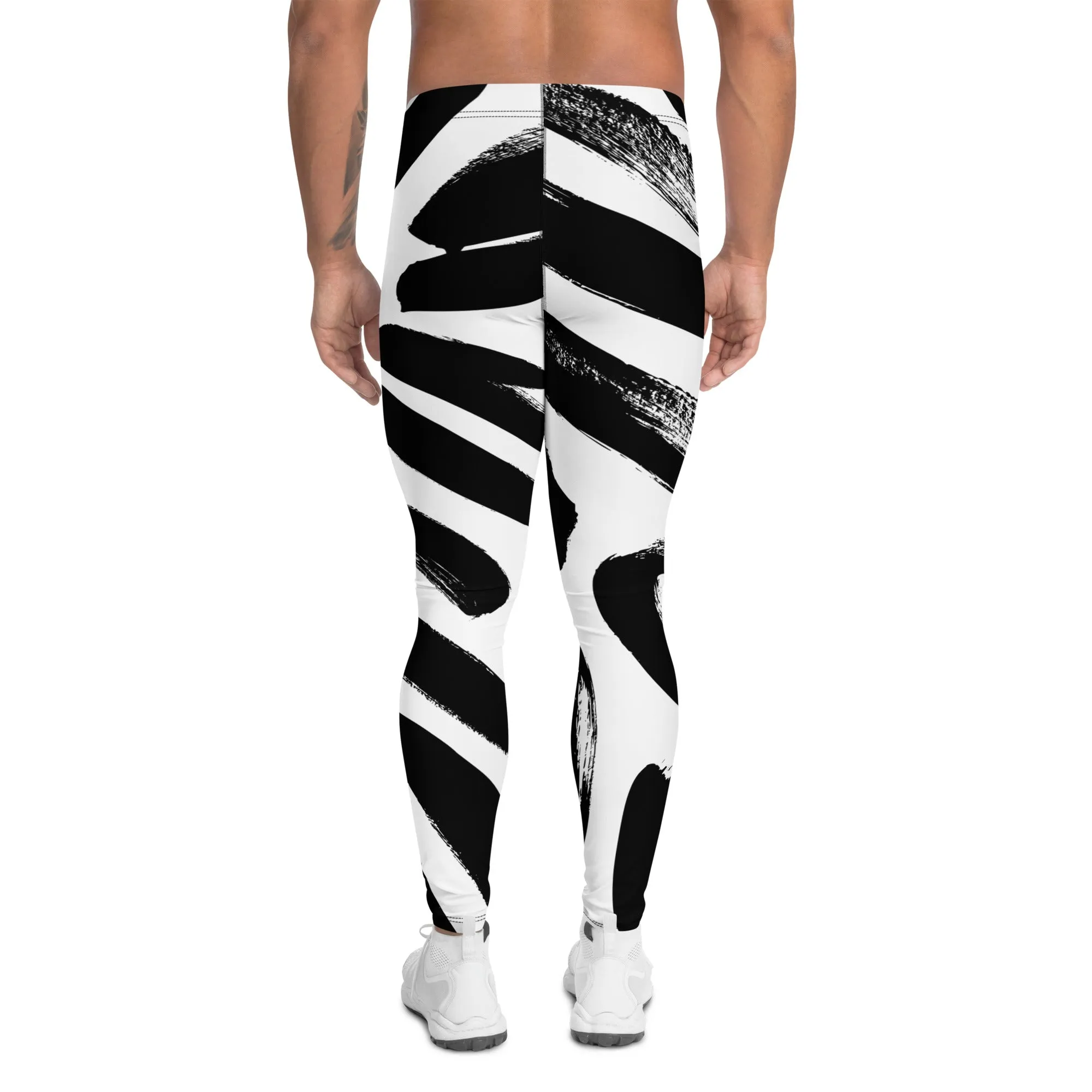 Black White Abstract Meggings, Best Men's Leggings, Designer Running Compression Tights For Men - Made in USA/EU/MX