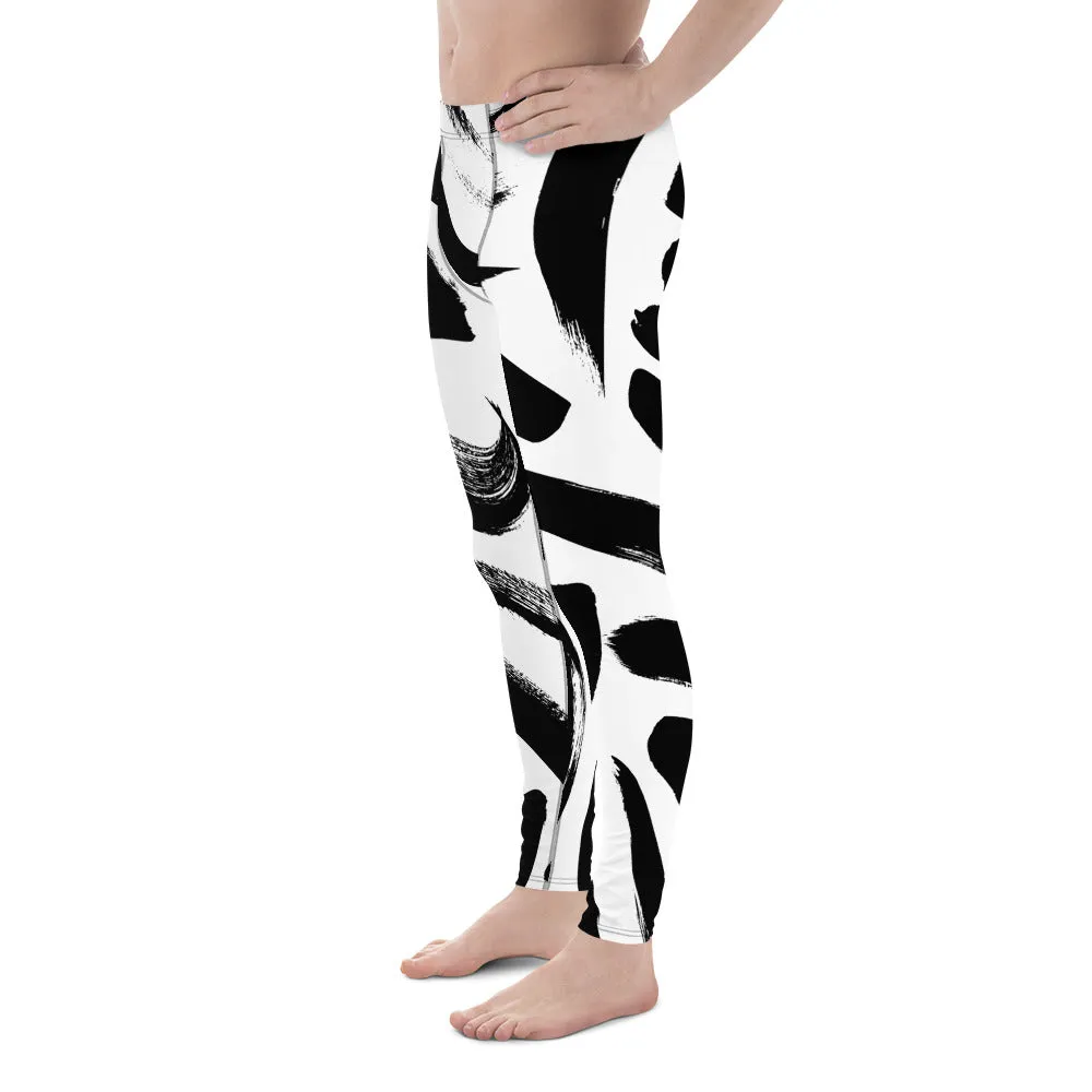 Black White Abstract Meggings, Best Men's Leggings, Designer Running Compression Tights For Men - Made in USA/EU/MX