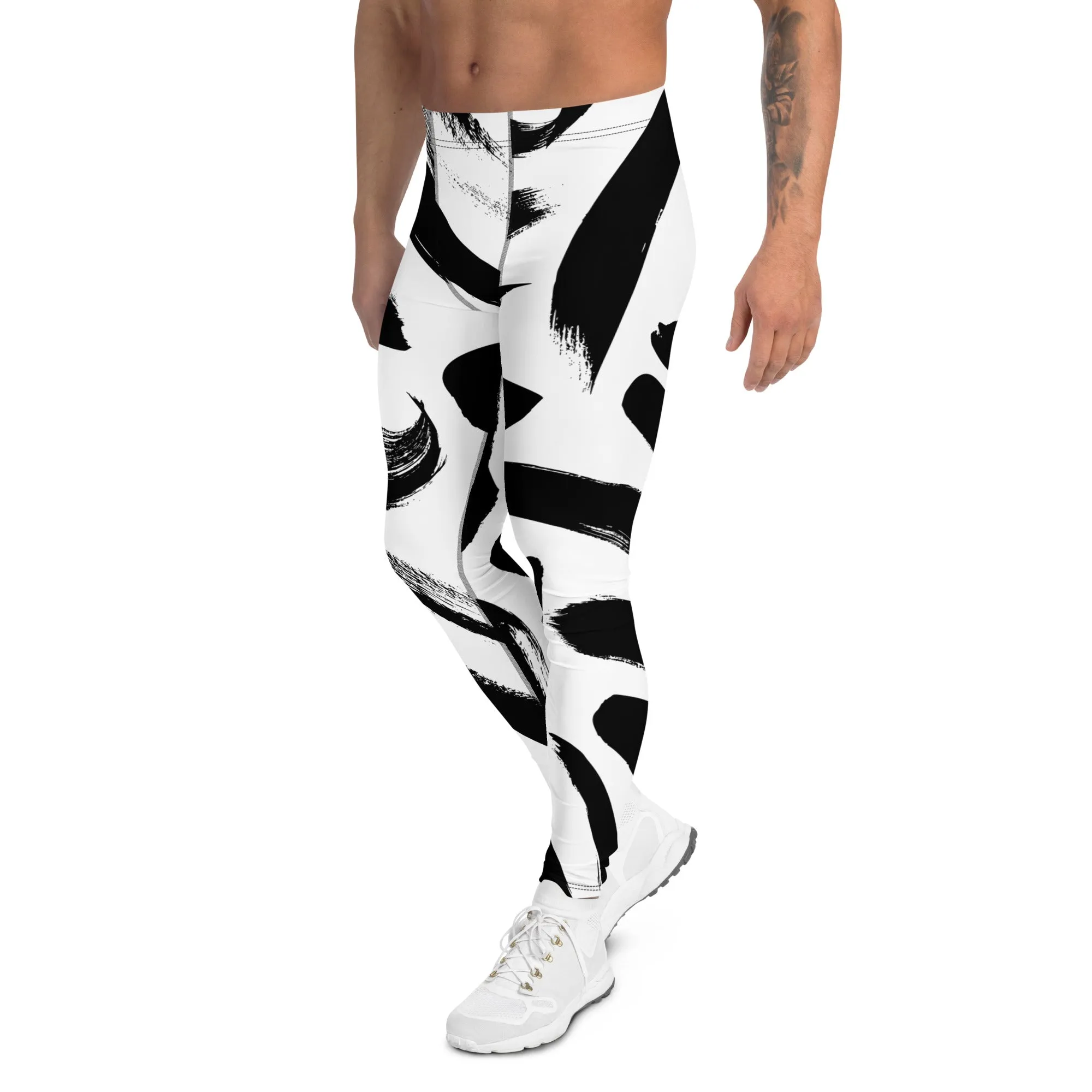 Black White Abstract Meggings, Best Men's Leggings, Designer Running Compression Tights For Men - Made in USA/EU/MX