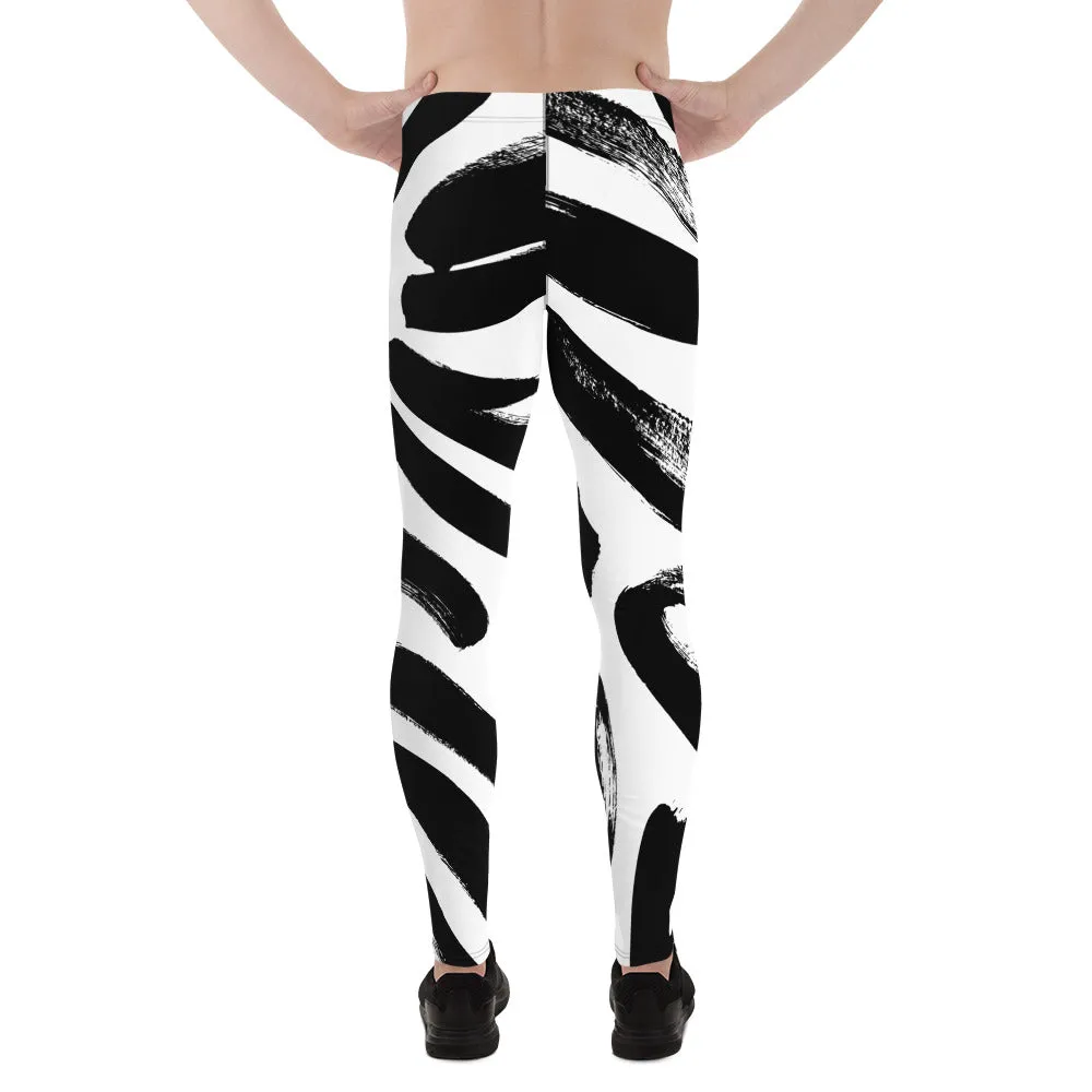 Black White Abstract Meggings, Best Men's Leggings, Designer Running Compression Tights For Men - Made in USA/EU/MX