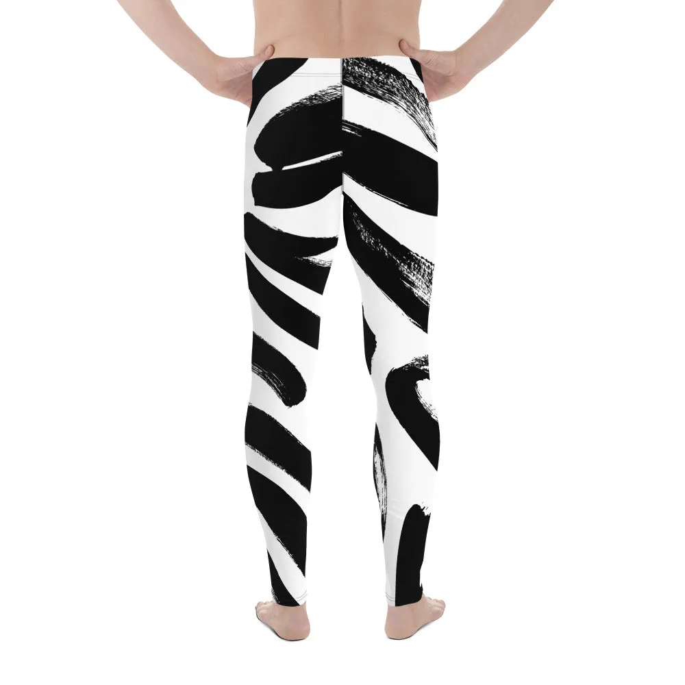 Black White Abstract Meggings, Best Men's Leggings, Designer Running Compression Tights For Men - Made in USA/EU/MX