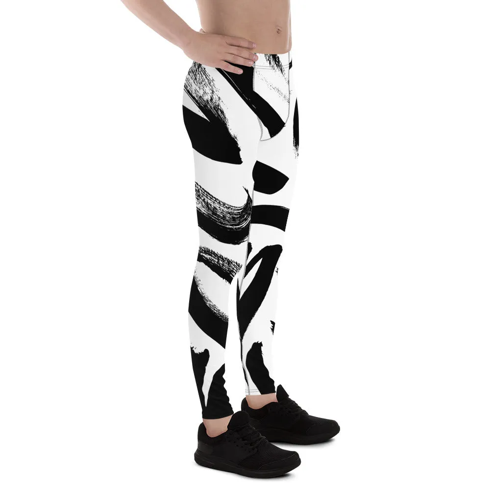 Black White Abstract Meggings, Best Men's Leggings, Designer Running Compression Tights For Men - Made in USA/EU/MX