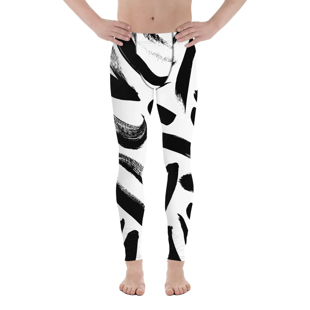 Black White Abstract Meggings, Best Men's Leggings, Designer Running Compression Tights For Men - Made in USA/EU/MX