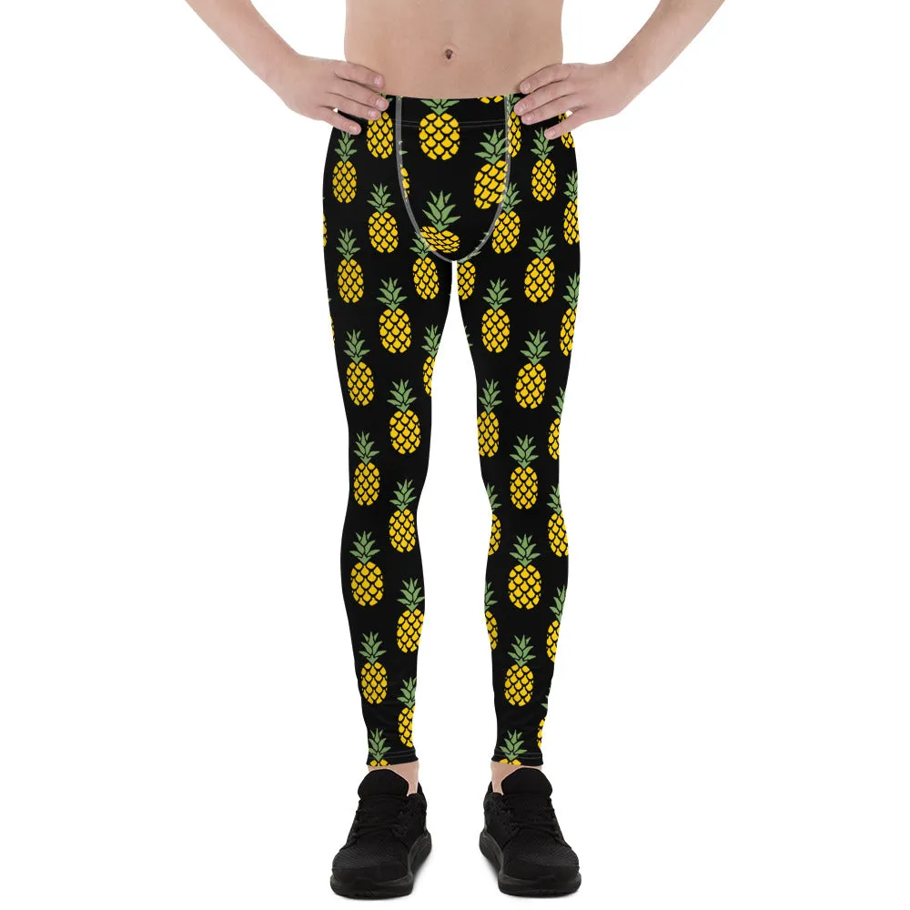 Black Yellow Pineapple Men's Leggings, Pineapples Print Pattern Meggings-Made in USA/EU