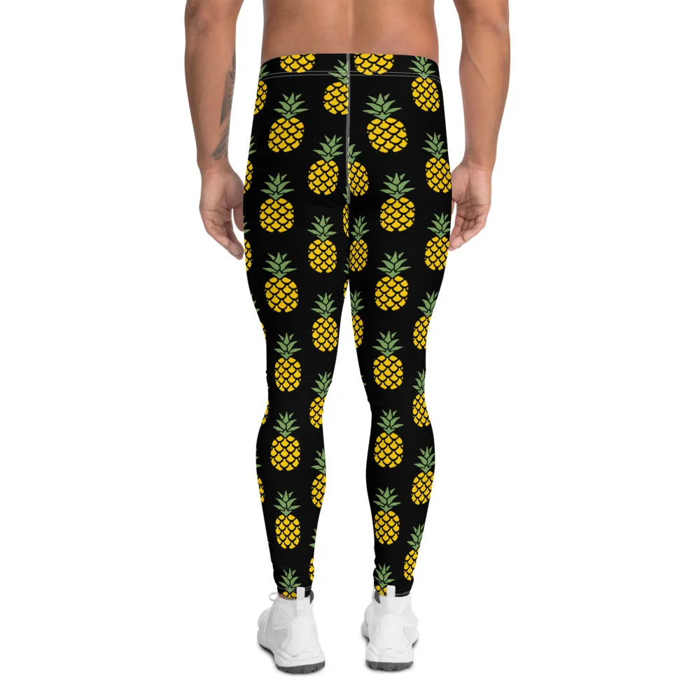 Black Yellow Pineapple Men's Leggings, Pineapples Print Pattern Meggings-Made in USA/EU