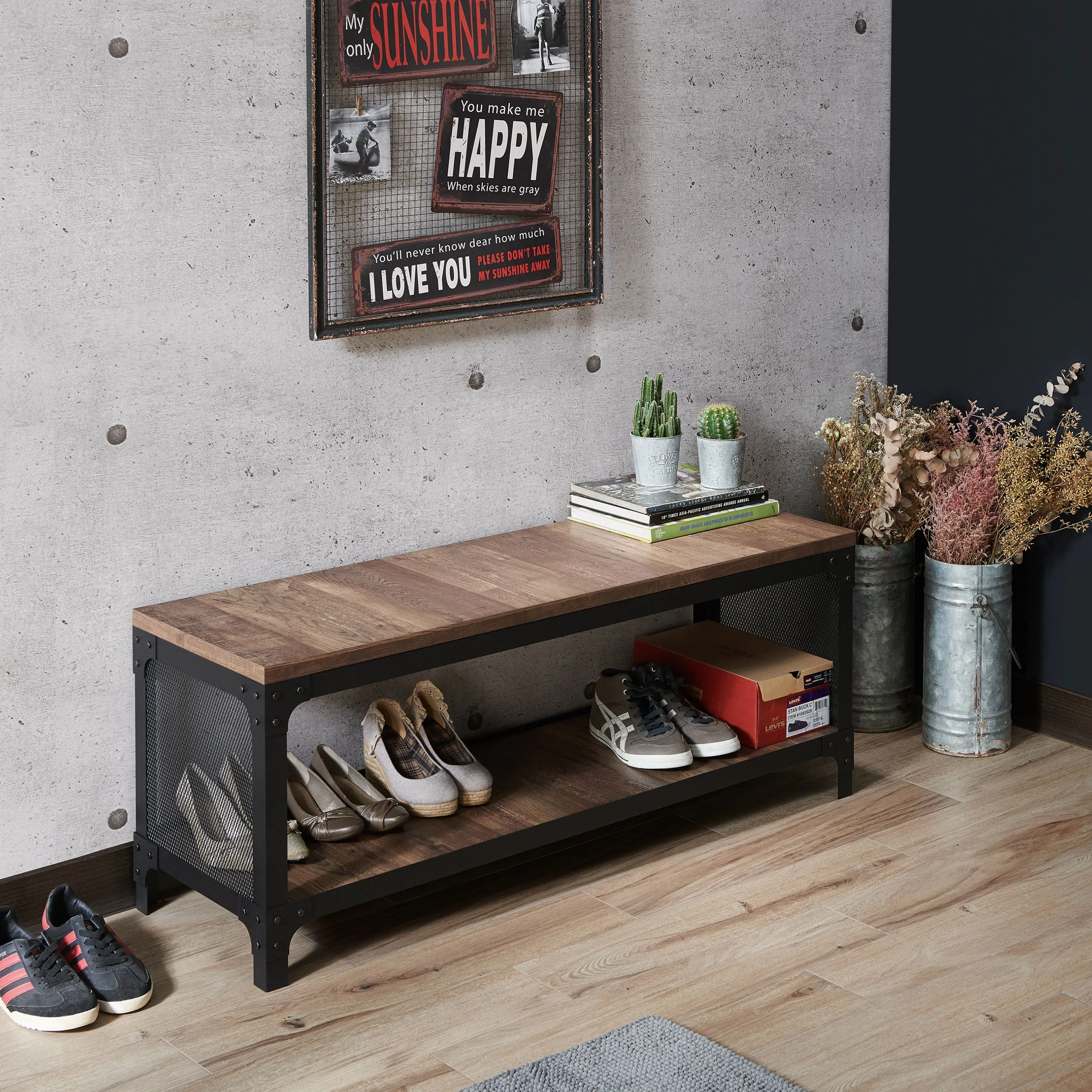 Cantoner Urban Reclaimed Oak & Metal Mesh Shoe Bench with Lower Shelf