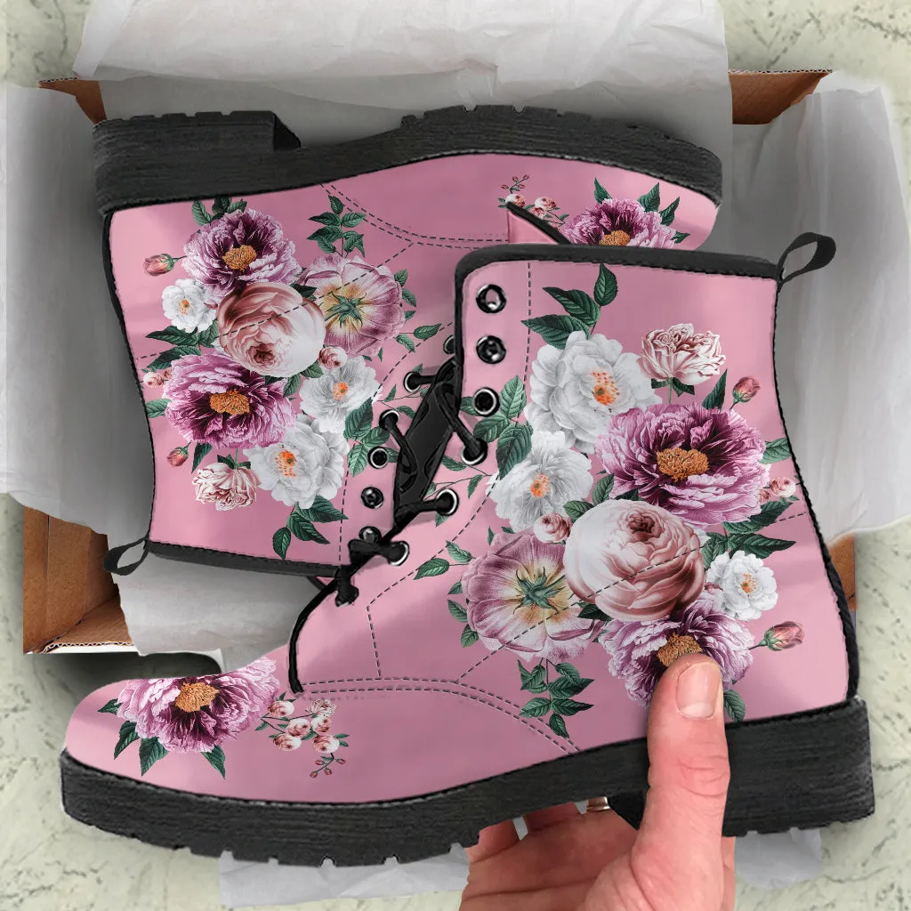 Combat Boots - Pink & White Flowers (Pink) | Blush Pink Flat Shoes, Vegan Leather Lace Up Boots Women, Handmade Lace Up Boots, Women's Boots