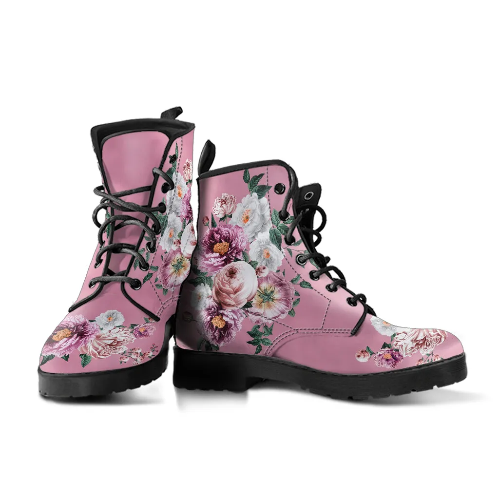 Combat Boots - Pink & White Flowers (Pink) | Blush Pink Flat Shoes, Vegan Leather Lace Up Boots Women, Handmade Lace Up Boots, Women's Boots