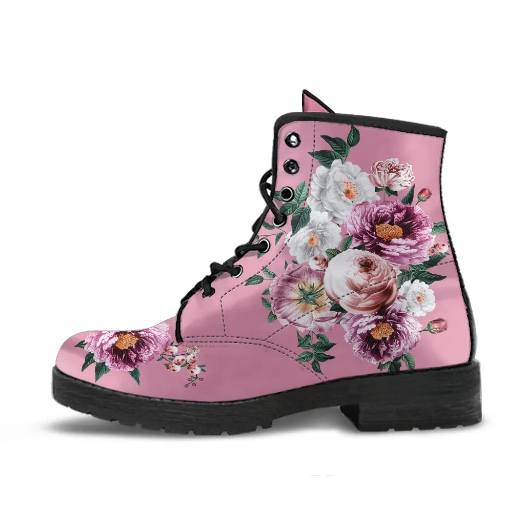 Combat Boots - Pink & White Flowers (Pink) | Blush Pink Flat Shoes, Vegan Leather Lace Up Boots Women, Handmade Lace Up Boots, Women's Boots