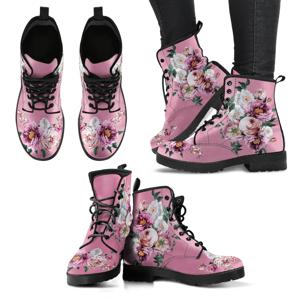 Combat Boots - Pink & White Flowers (Pink) | Blush Pink Flat Shoes, Vegan Leather Lace Up Boots Women, Handmade Lace Up Boots, Women's Boots