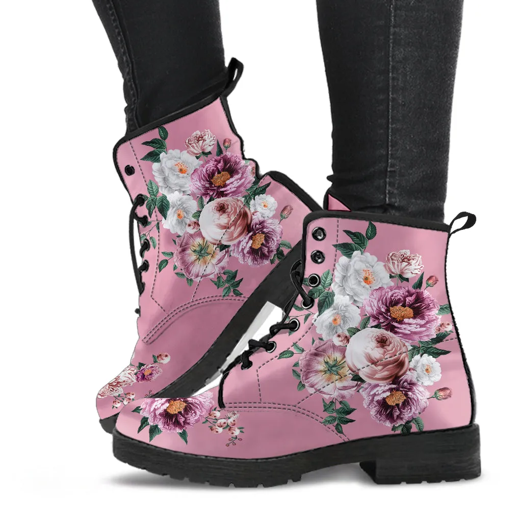 Combat Boots - Pink & White Flowers (Pink) | Blush Pink Flat Shoes, Vegan Leather Lace Up Boots Women, Handmade Lace Up Boots, Women's Boots