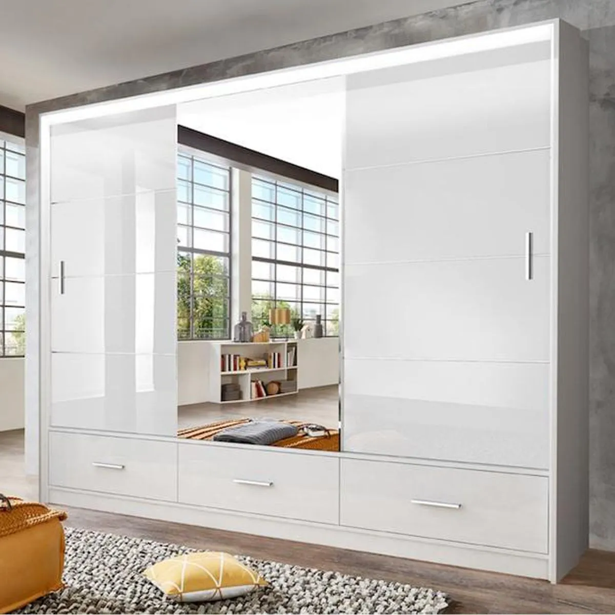Cornelia 250cm Large High Gloss Sliding Door Wardrobe - Black, White, Grey