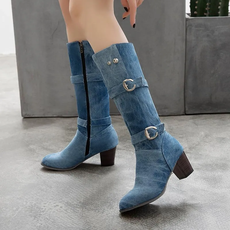 Fabric High Chunky Heel Knee High Boots