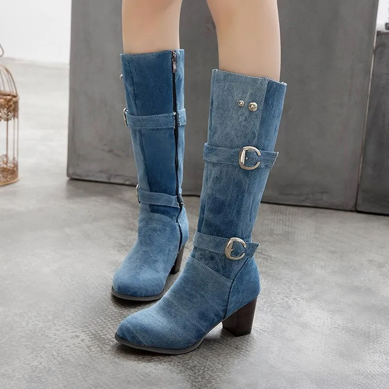Fabric High Chunky Heel Knee High Boots