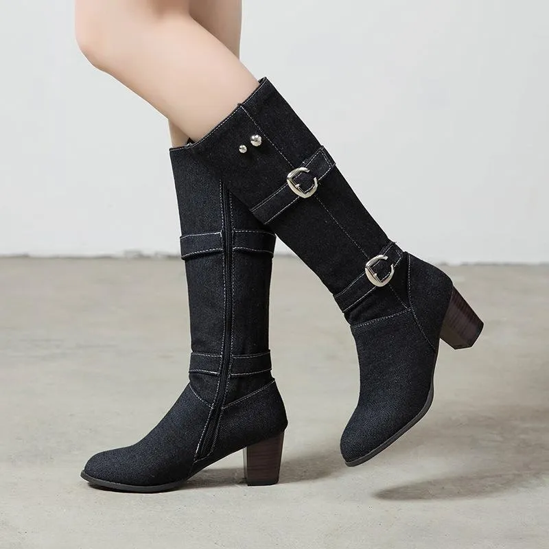 Fabric High Chunky Heel Knee High Boots