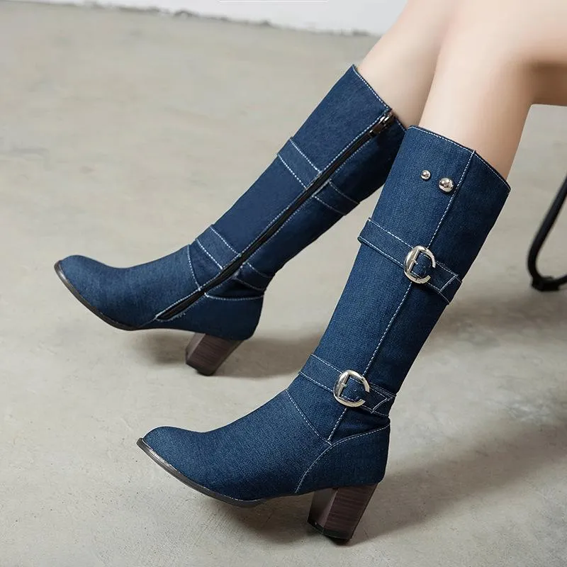 Fabric High Chunky Heel Knee High Boots
