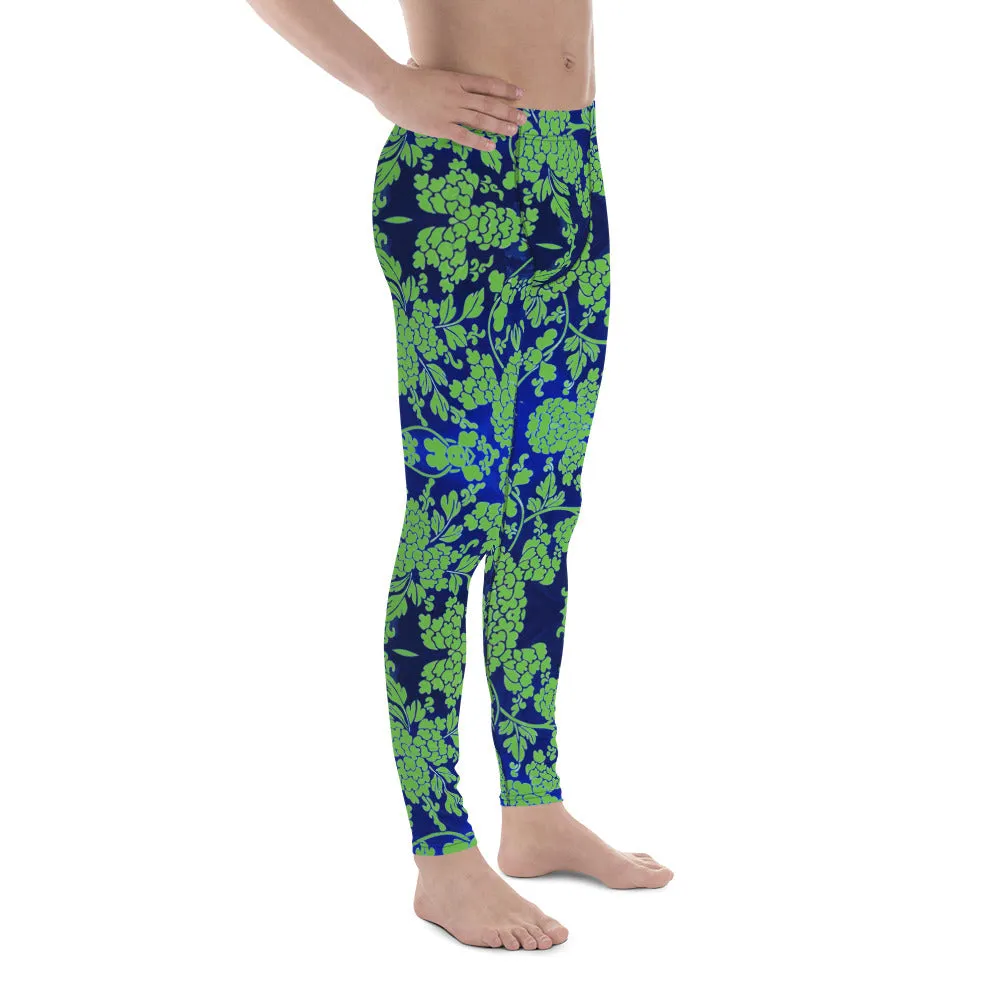 Green Blue Floral Print Megegings, Best Blue and Green Oriental Style Floral Print Meggings Compression Tights - Made in USA/EU/MX
