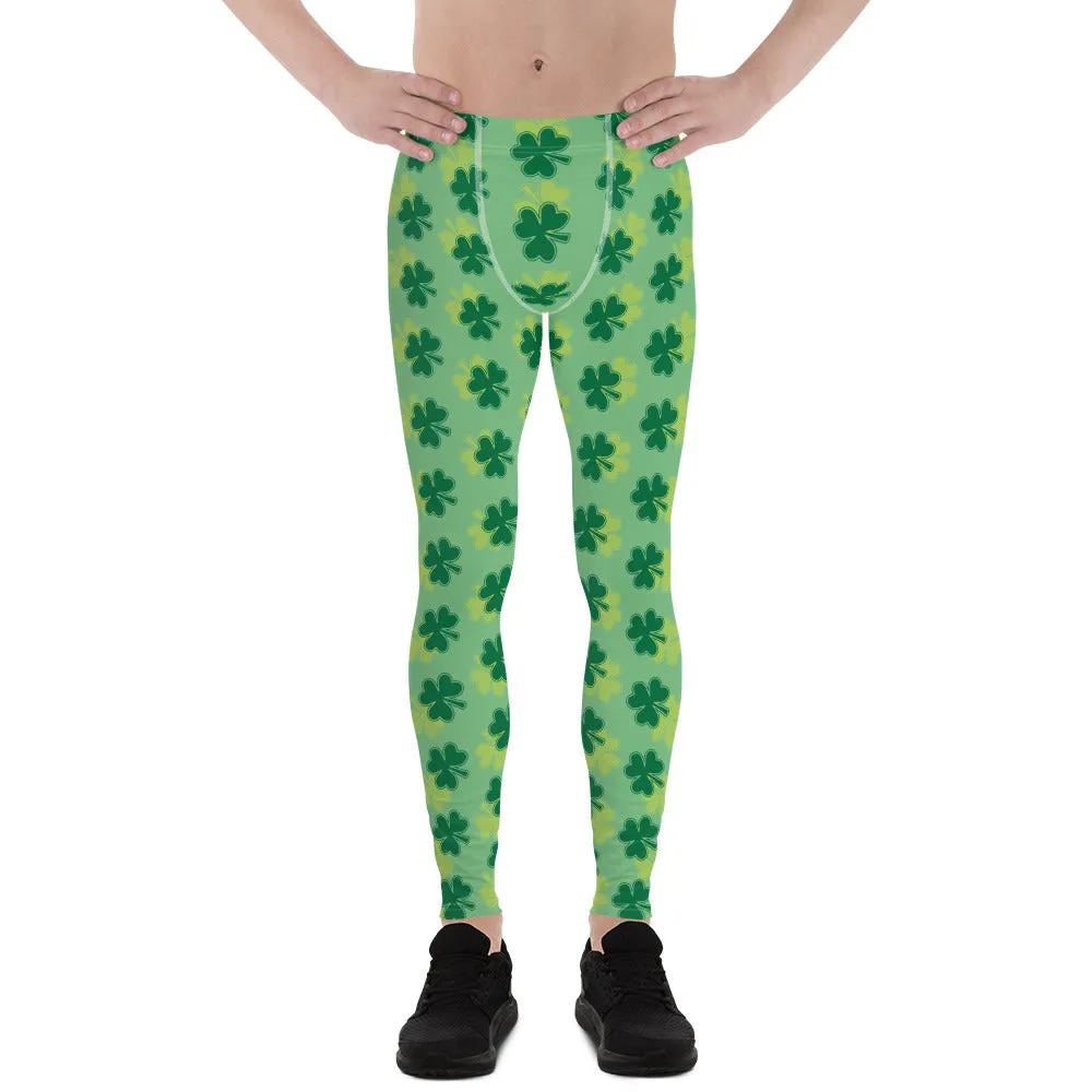Green Clover Meggings, Leaf Print St. Patrick's Day Best Men's Leggings-Made in USA/EU