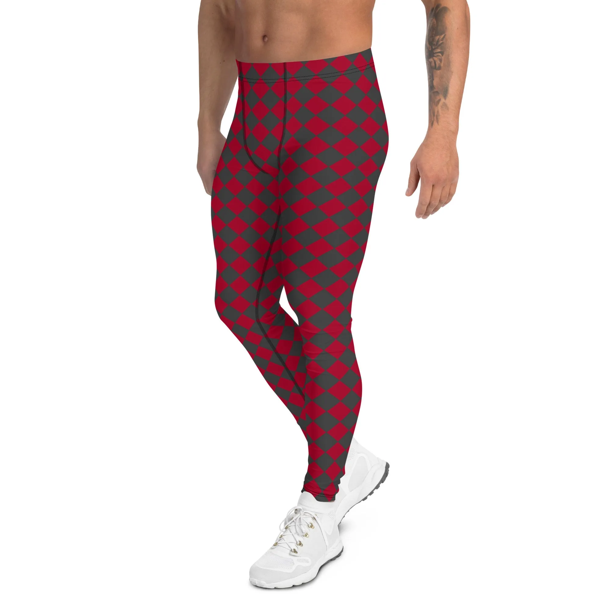 Grey Red Checkered Men's Leggings, Check Pants Men, Men's Plaid Pants, Checkered Pants - Made in USA/EU/MX