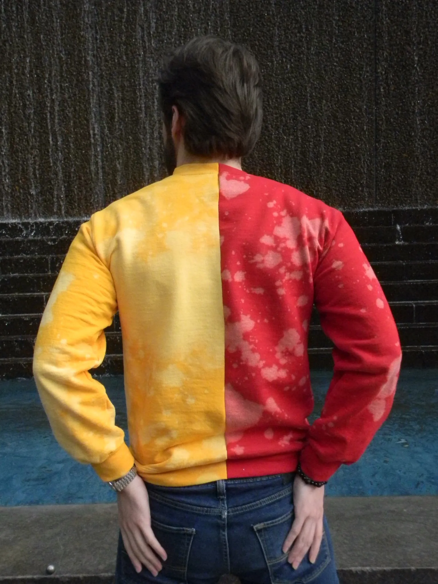 Handmade Kansas City Chiefs Red Gold Bleached Half and Half Crew Sweatshirt