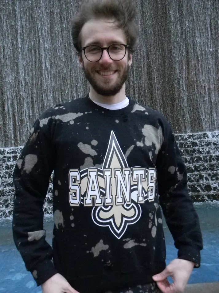 Handmade New Orleans Saints Black Hand Bleached Light Tan White Black Design Light Distress Crew Neck Sweatshirt