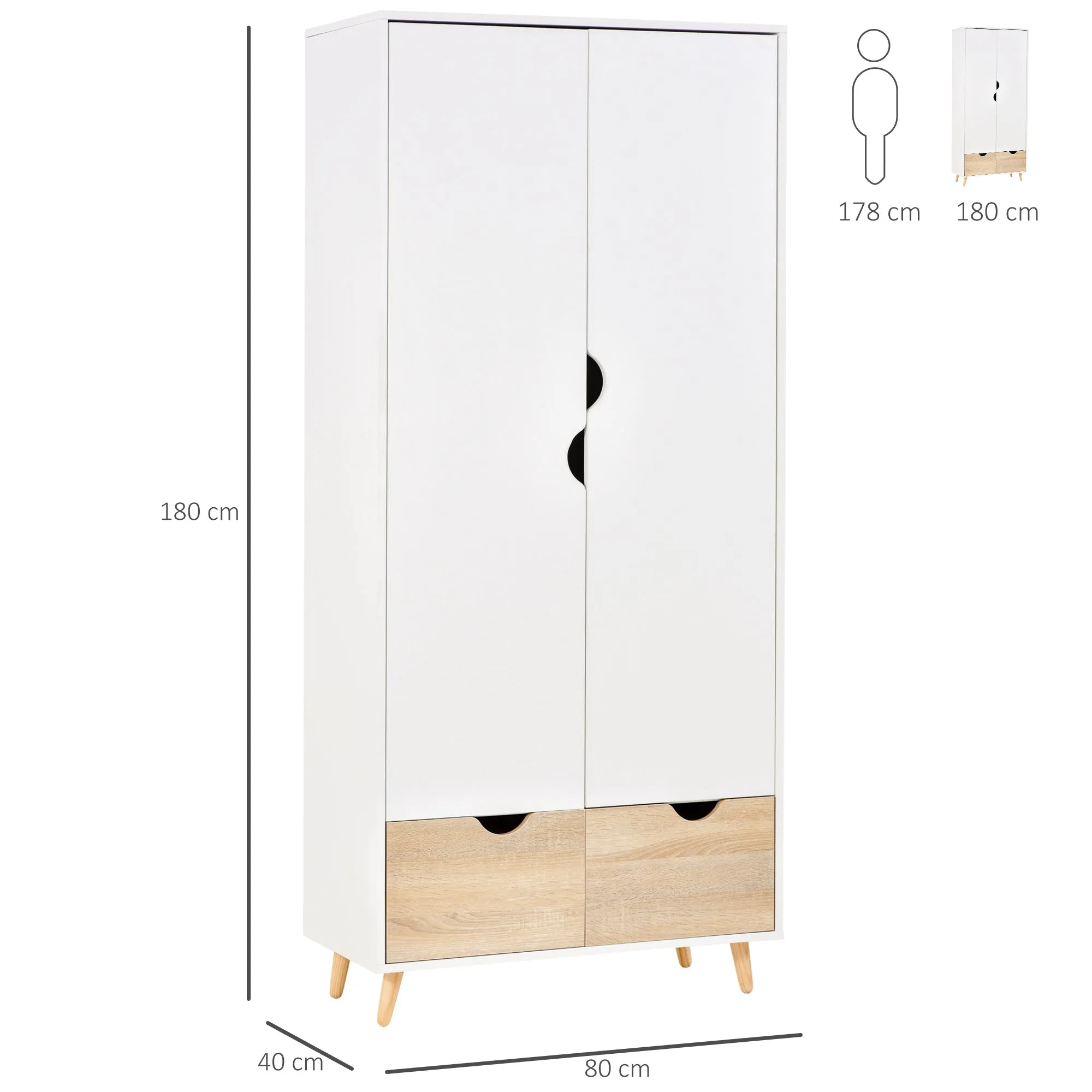 HOMCOM 2-Door Clothes Wardrobe w/ Rail Shelf 2 Drawers Wood Feet Elegant Home Storage Organisation Furniture Dresses Coats Blankets Shoes White
