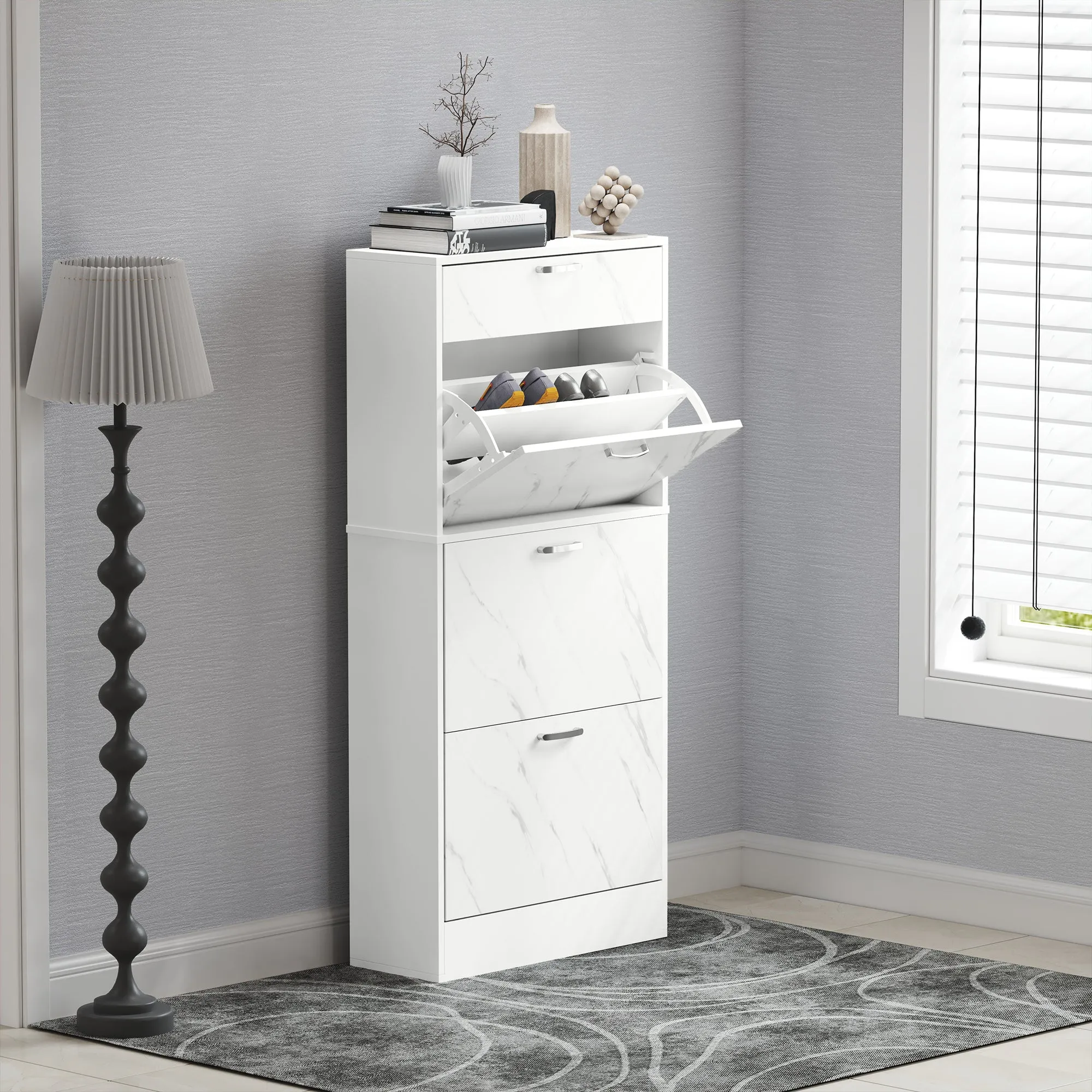 HOMCOM Marble Shoe Storage Cabinet with 3 Flip Drawers, Hallway Cabinet with Top Drawer and Adjustable Shelves, Shoe Cupboard for 18 Pairs, White