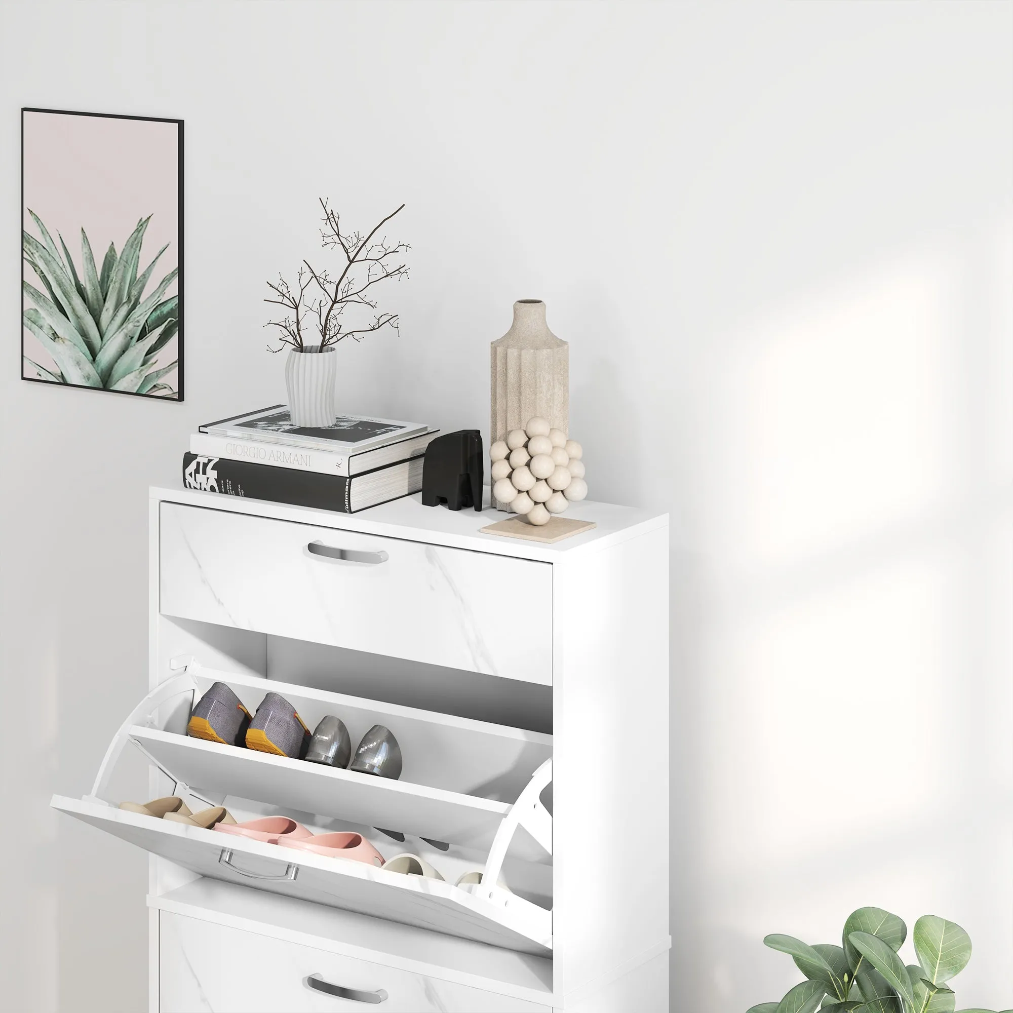 HOMCOM Marble Shoe Storage Cabinet with 3 Flip Drawers, Hallway Cabinet with Top Drawer and Adjustable Shelves, Shoe Cupboard for 18 Pairs, White