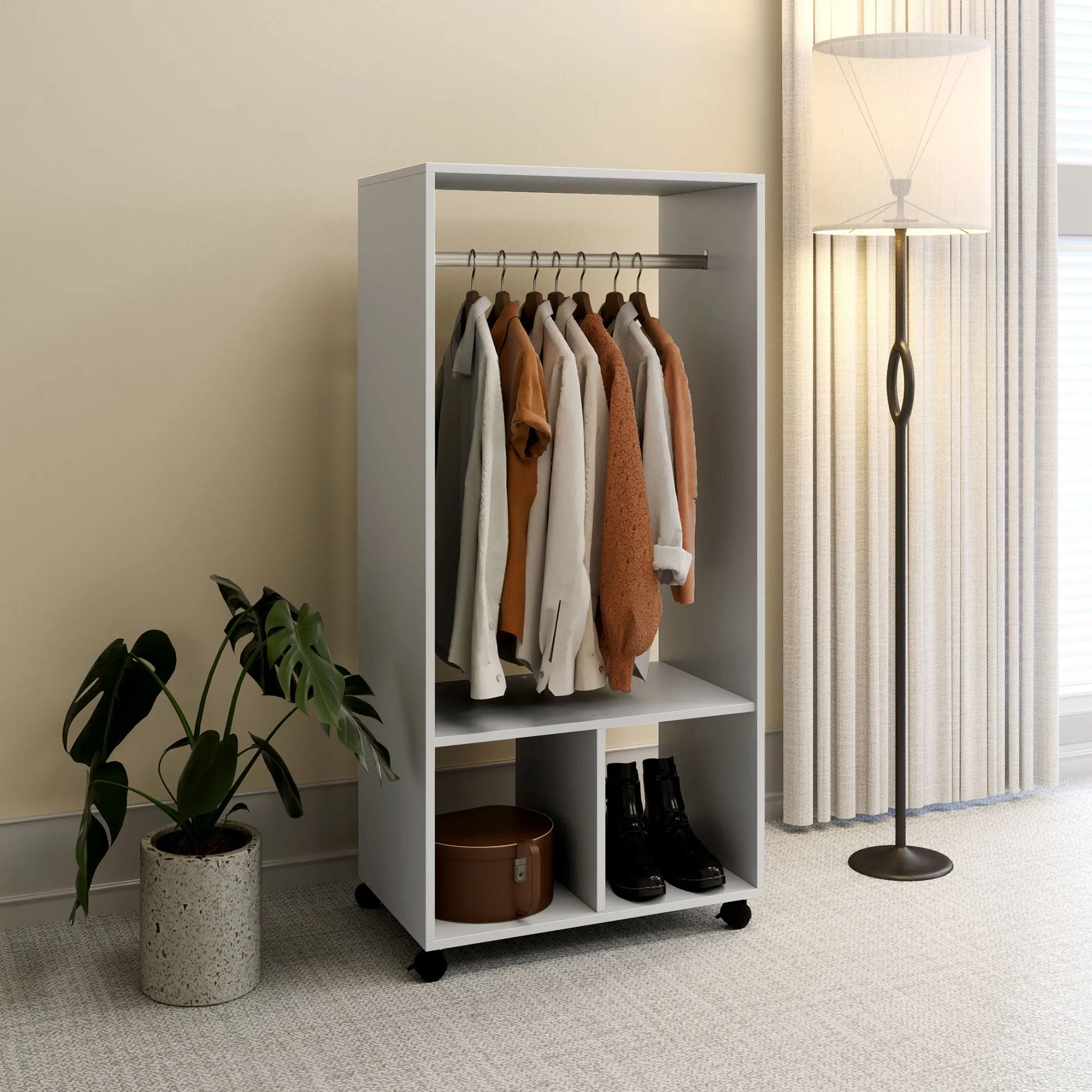 HOMCOM Open Wardrobe on Wheels, Bedroom Wardrobe with Clothes Hanging Rail, 2 Storage Shelves, Mobile Garment Rack for Cloakroom, Hallway, Grey