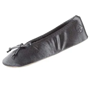 isotoner Womens Satin Ballerina Slipper with Bow, Suede Sole, Mineral, 8-9