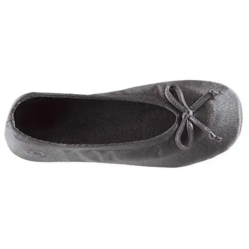 isotoner Womens Satin Ballerina Slipper with Bow, Suede Sole, Mineral, 8-9